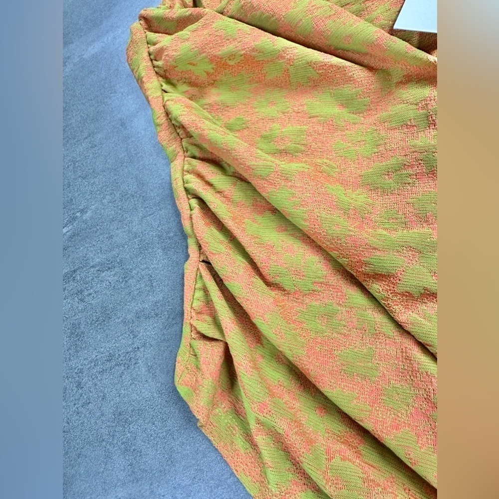 ZARA Bright Lime Green and Orange Floral One Shoulder Adjustable Strap Ruch Top - Picture 4 of 4